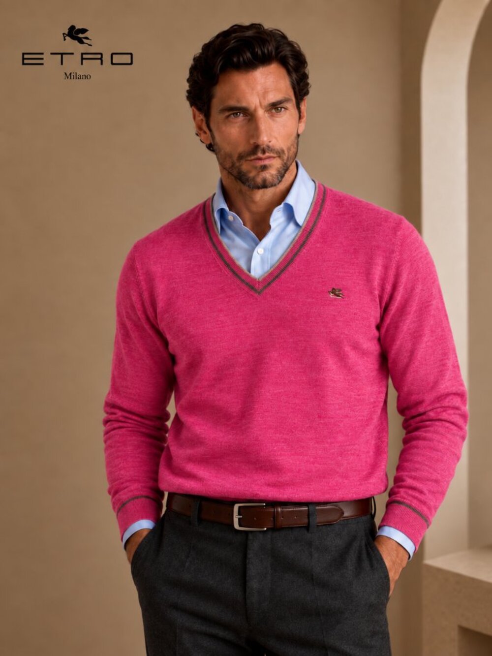 Etro Men's V-Neck Wool Sweater in Pink with Contrast Trim Size M NWT
